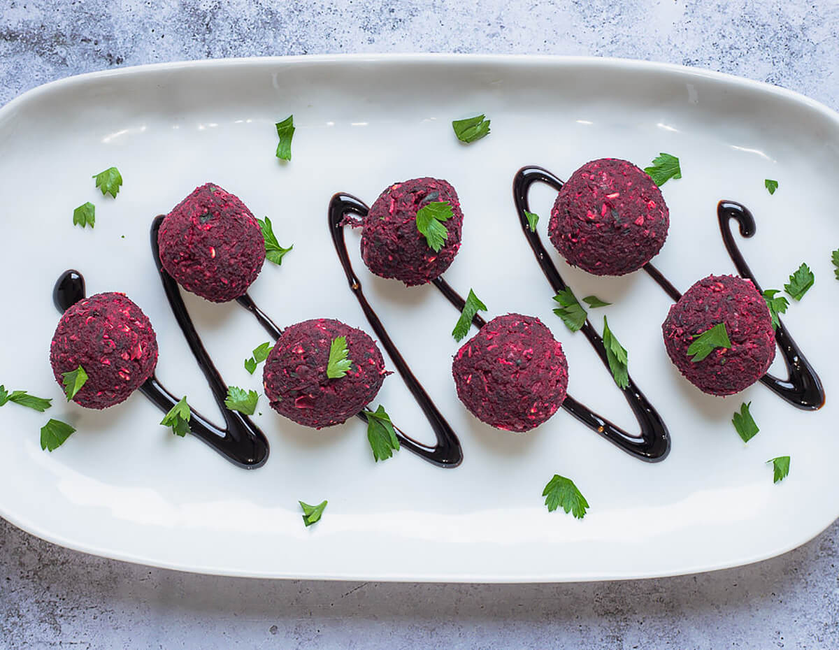 Some delicious baked beetballs on a platter