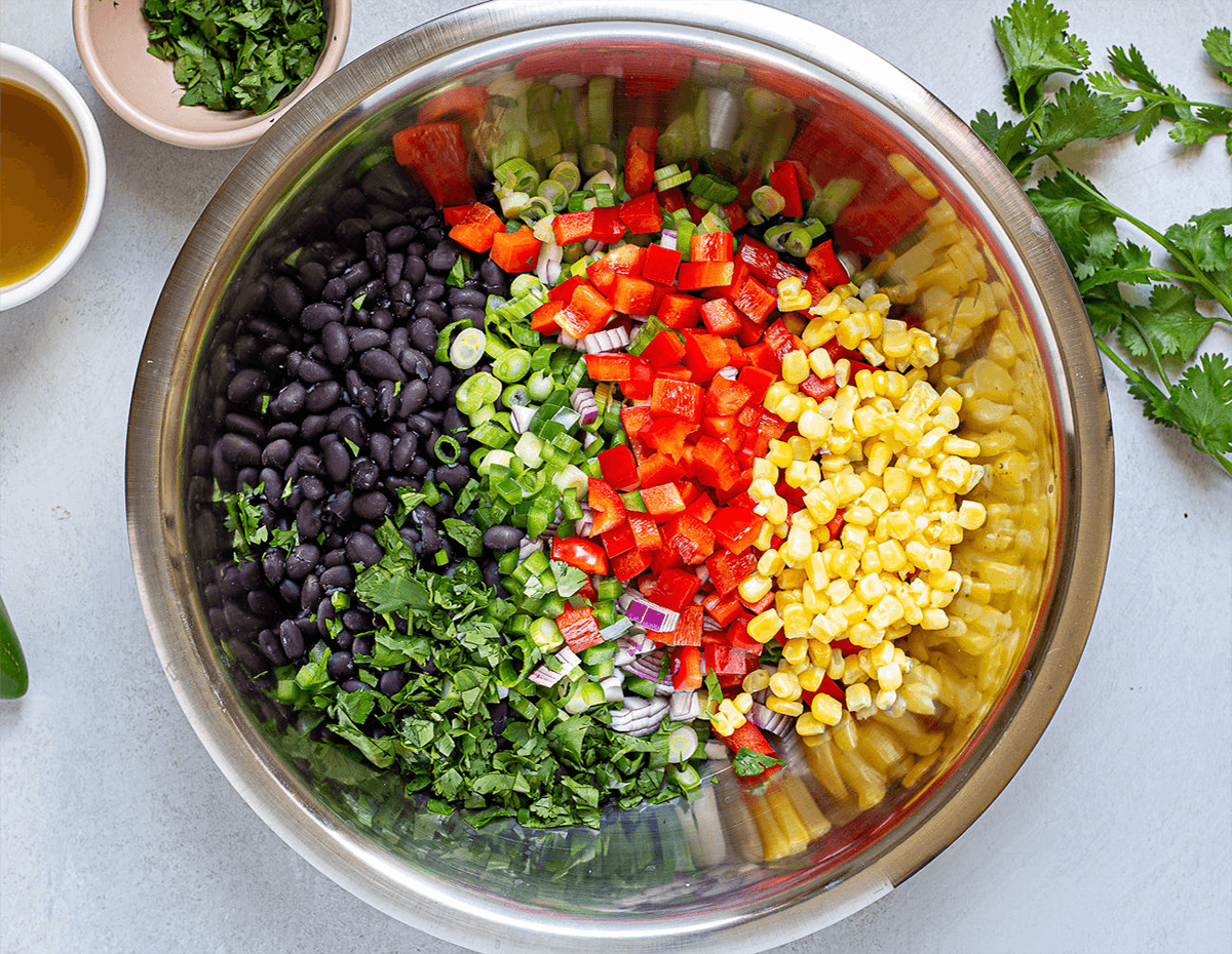 The ingredients in black bean and corn salad