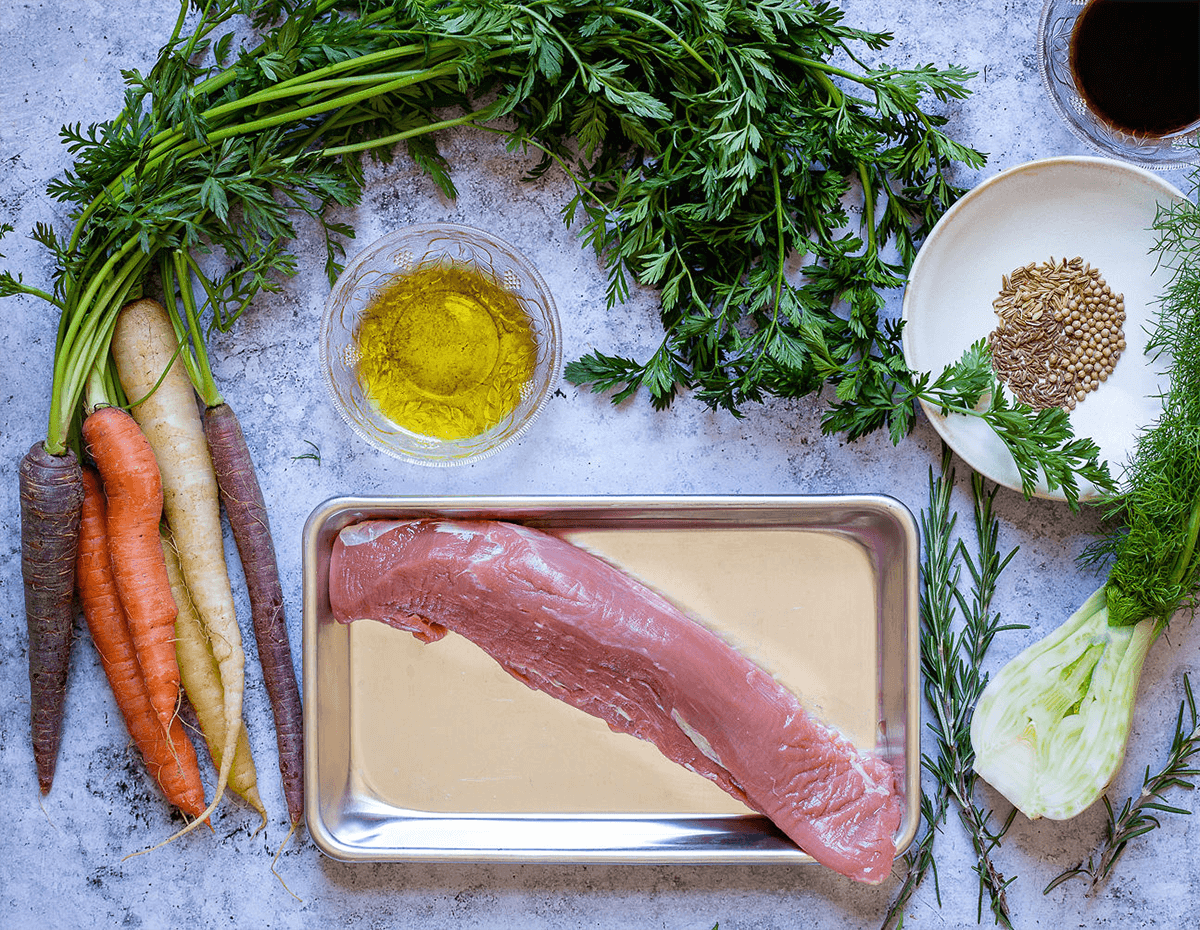 The ingredients in balsamic and rosemary glazed pork tenderloin with roasted roots