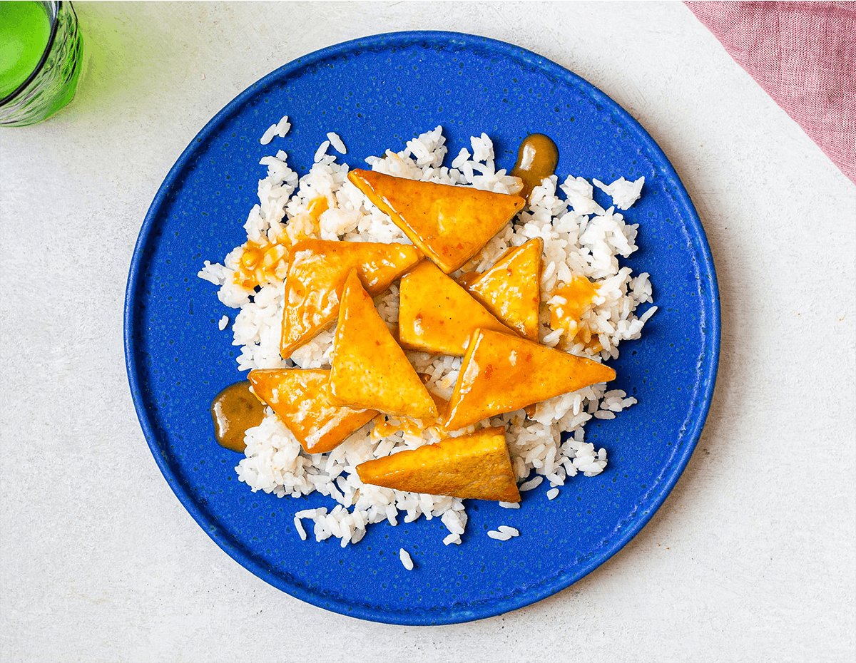 A tasty helping of adobo tofu served over white rice