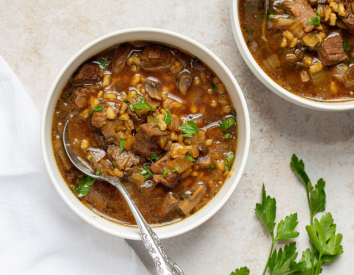 A hearty bowl of beef and barely soup
