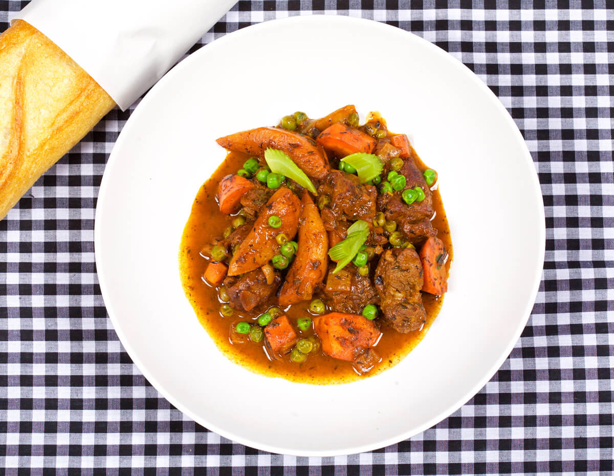 Top down view of beef stew in a bowl