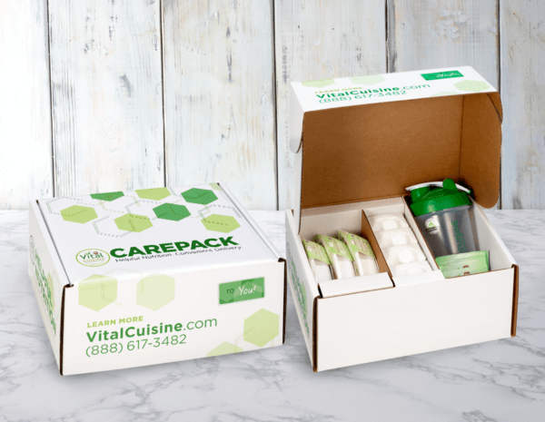 A Cancer Nutrition Consortium carepack box closed and open