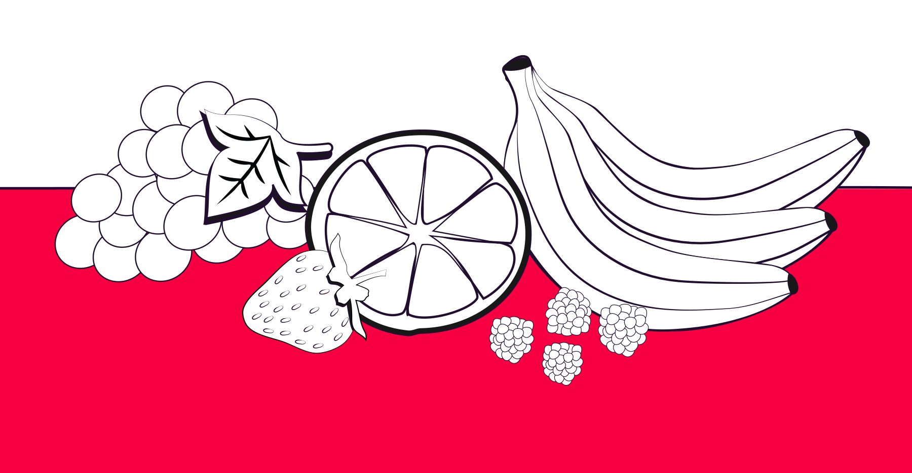 An illustration of some fruit like bananas, grapes and strawberries on a red background