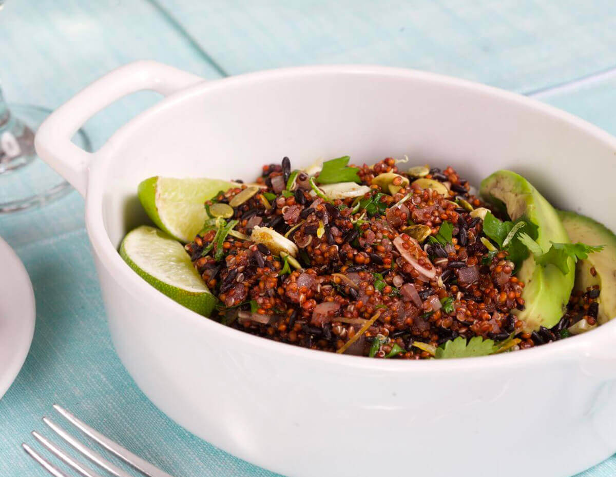 A dish full of cumin-scented quinoa and black rice