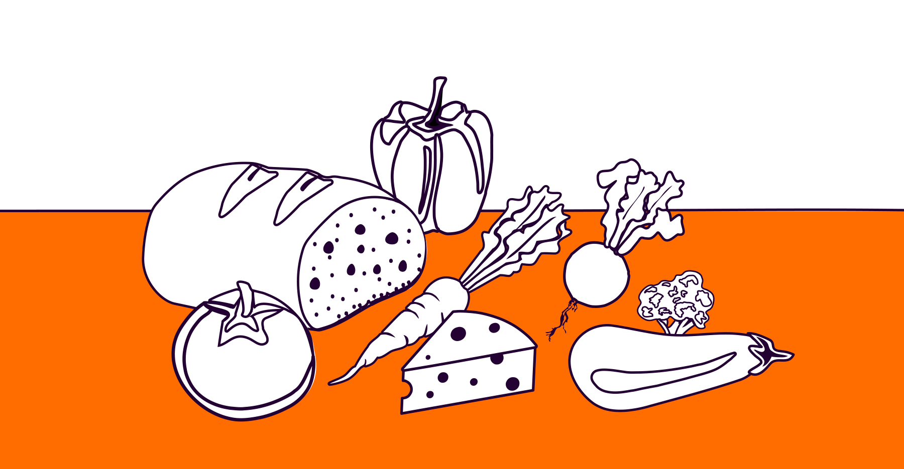 An illustration of breads, cheeses and vegetables over an orange background