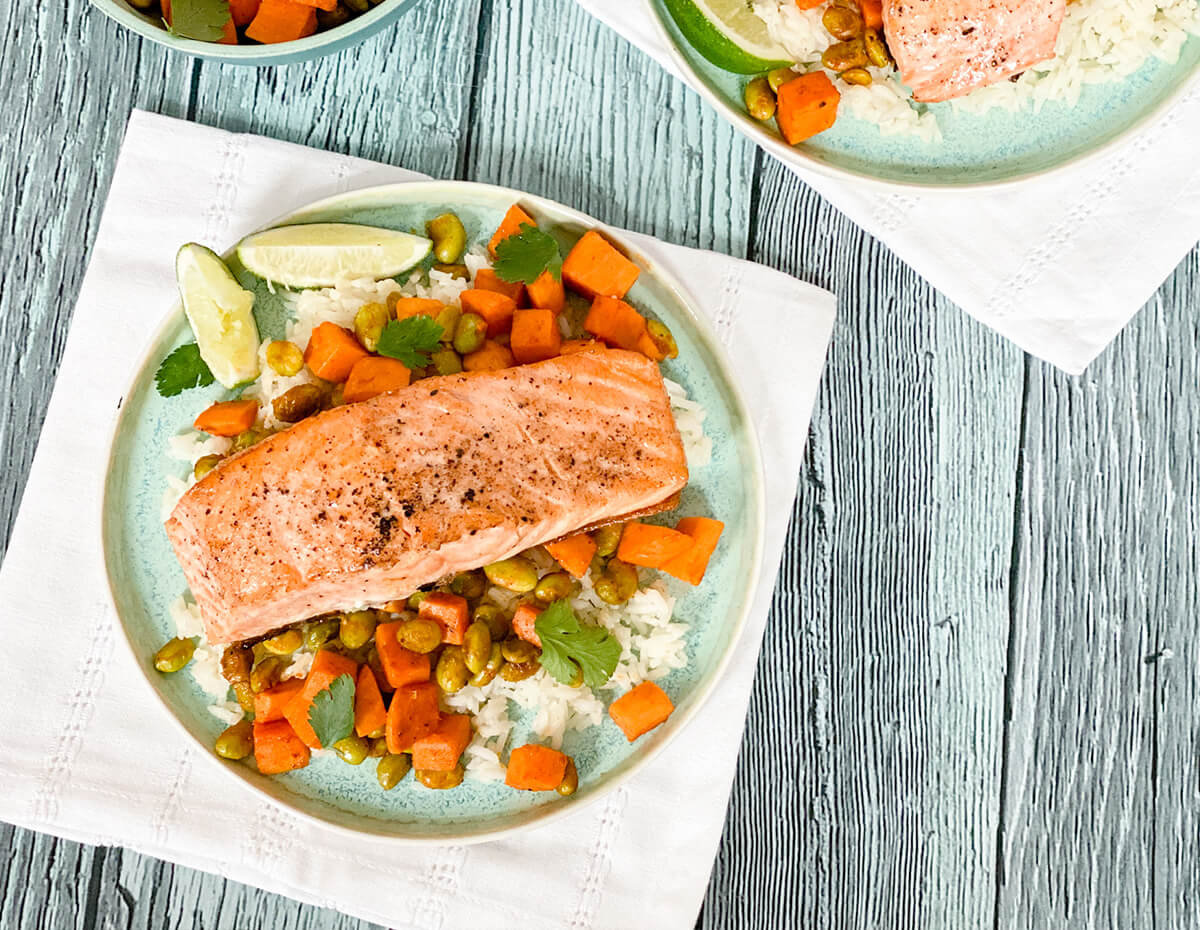 Grilled Salmon with edamame and sweet potatoes