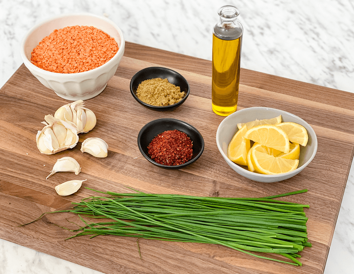 The ingredients needed to make middle eastern cold red lentil soup