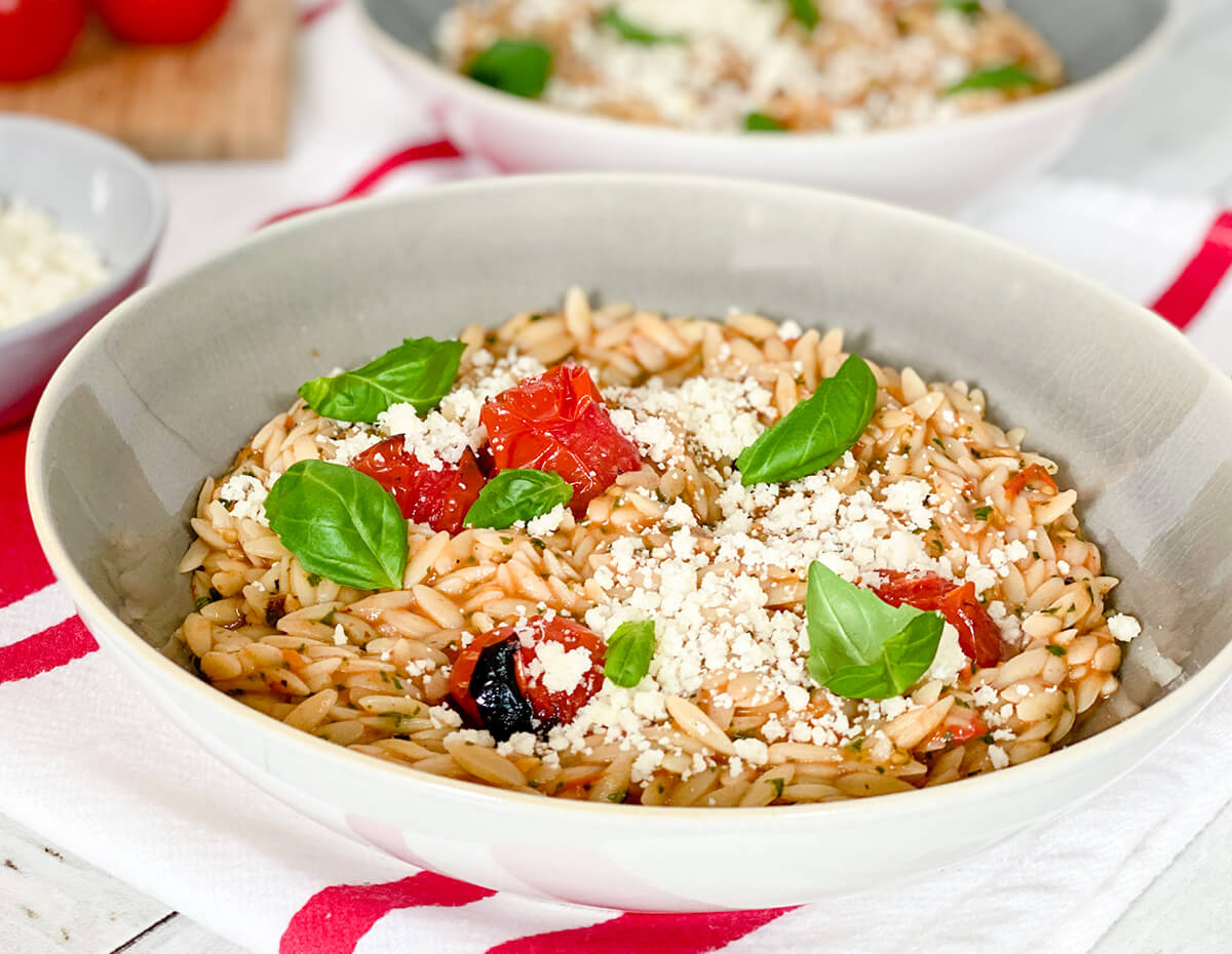 A delicious helping of orzo with tomato vinaigrette