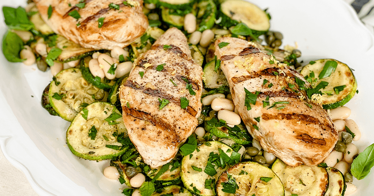 Grilled Pesto Chicken Piccata with Braised Zucchini & Fresh Thyme - Cancer Nutrition Consortium