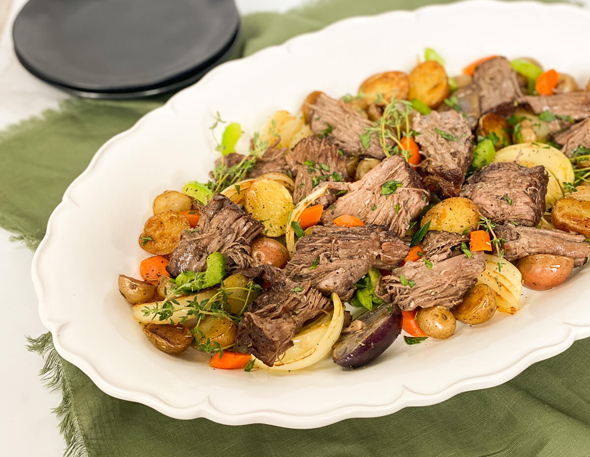 A delicious platter of pot roast and vegetables