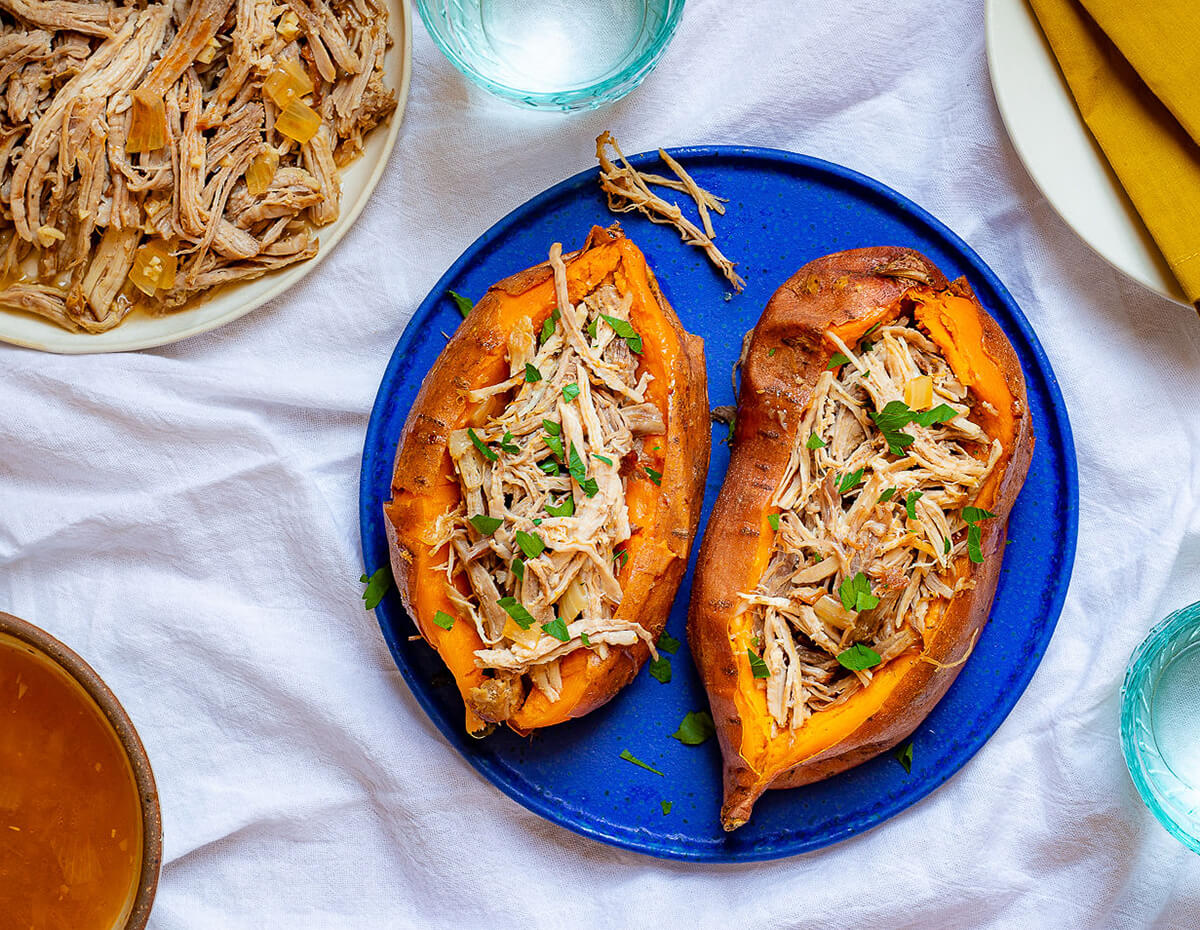 Some tasty baked sweet potatoes stuffed with high-protein pulled pork