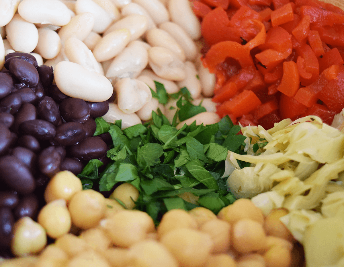 The ingredients needed to make some Sicilian bean and red pepper salad